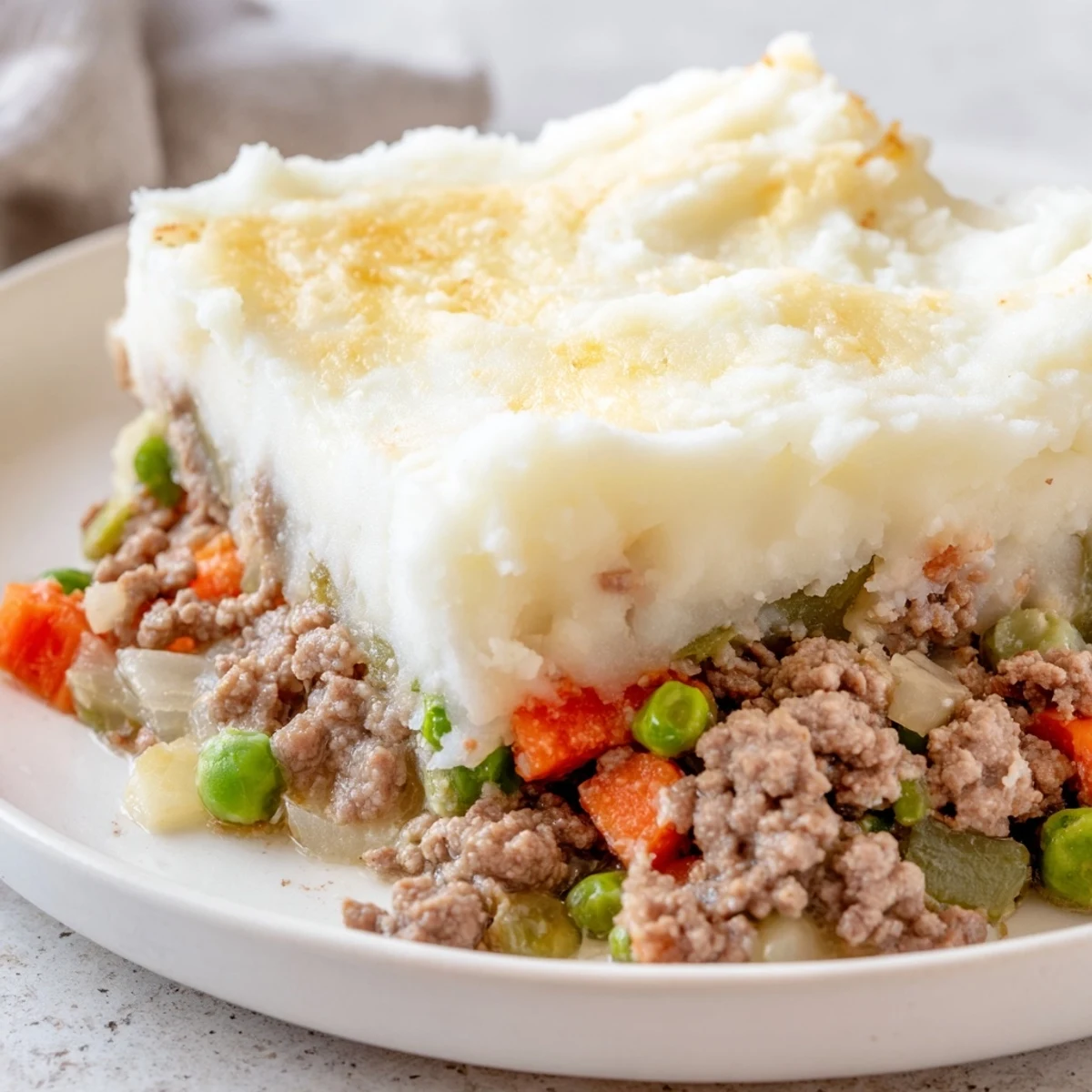 Overhead view of Beef Shepherds Pie with Cauliflower Mash, savory beef filling peeking through smooth mash topping.
