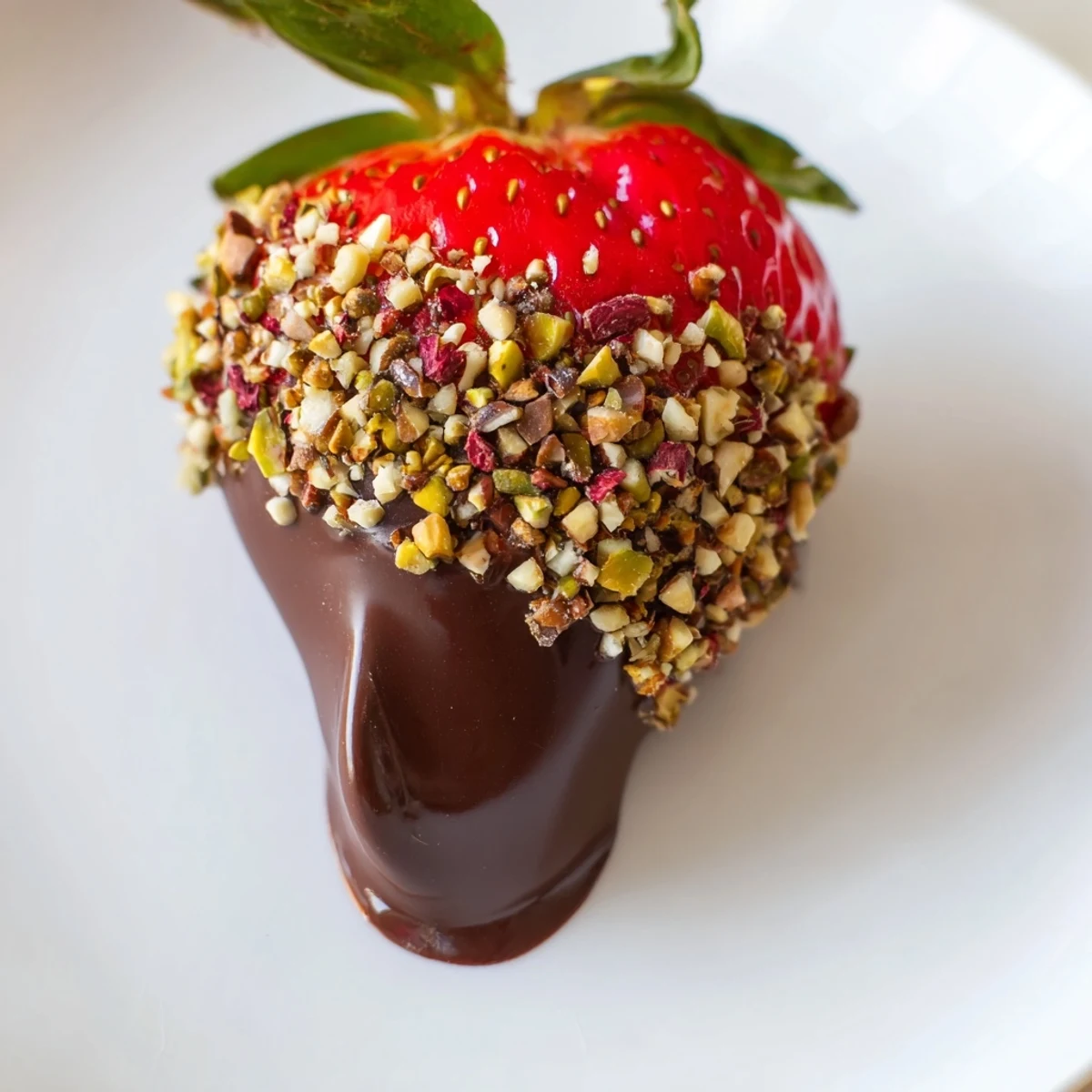 Fresh strawberries dipped in rich dark chocolate and rolled in crunchy mixed nuts, arranged beautifully.