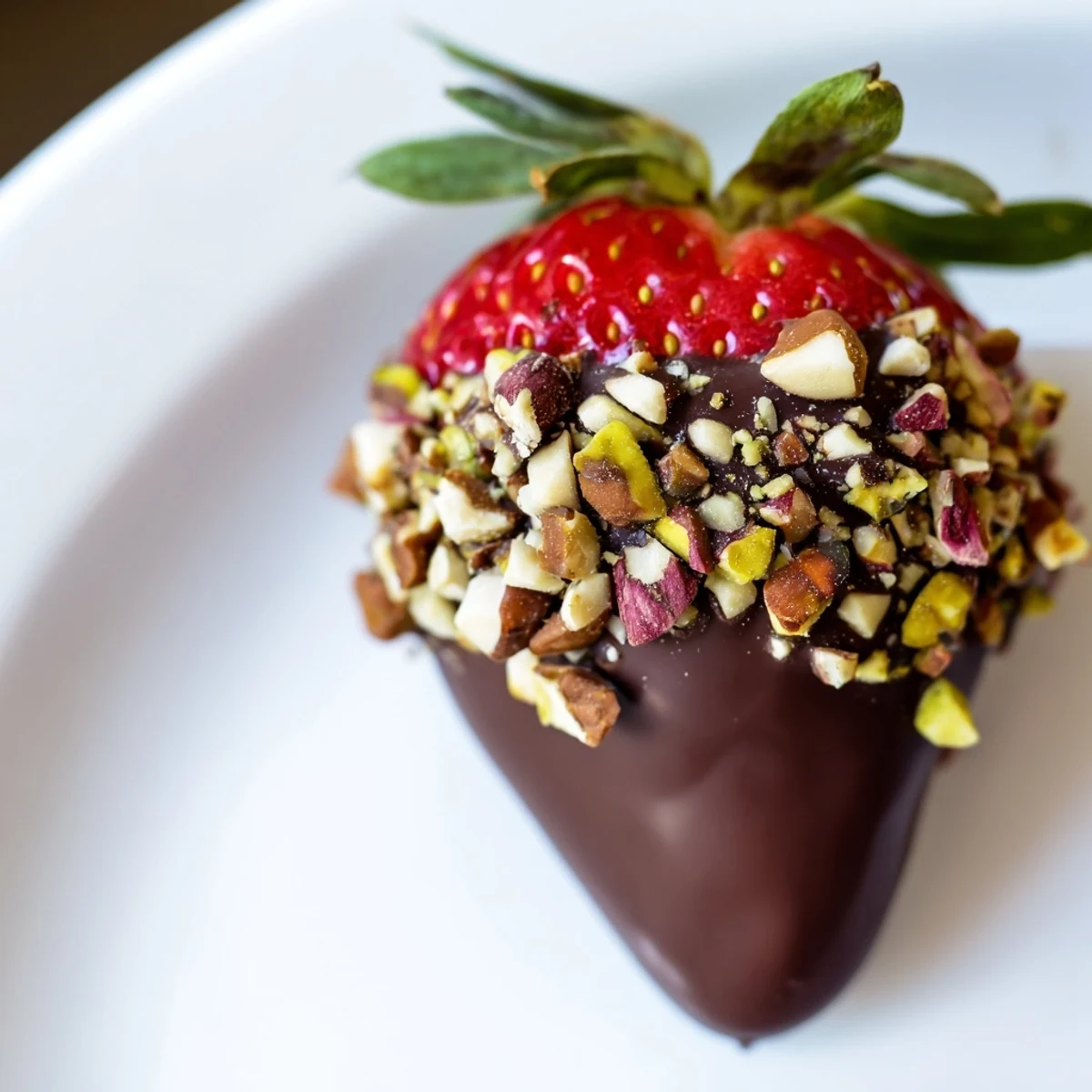 Ripe berries with glossy chocolate coating and nutty sprinkles, a perfect dessert for any occasion.