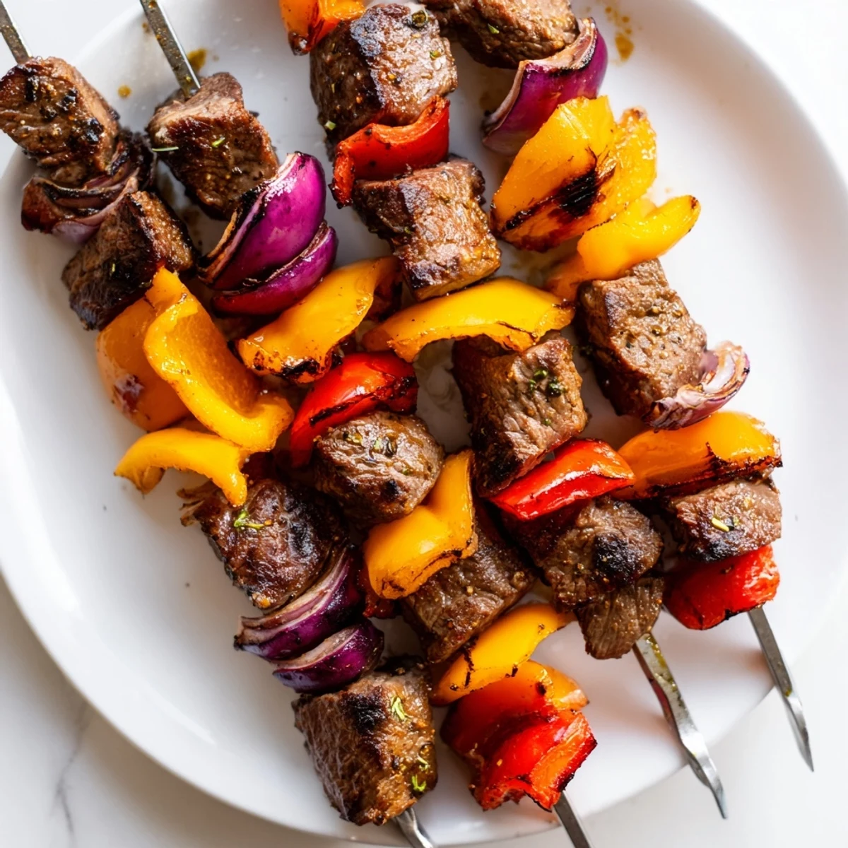 Skewered Beef Kebabs with Bell Peppers and Onions displaying tender meat, vibrant peppers, and onions on a wooden board.
