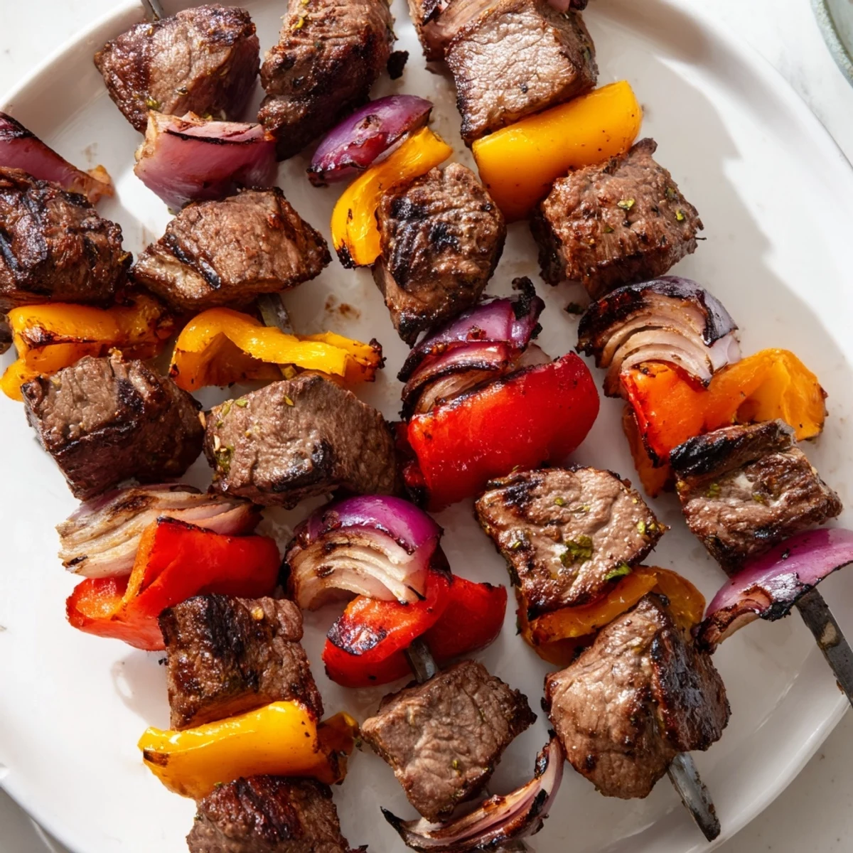 Juicy marinated Beef Kebabs with Bell Peppers and Onions served hot on a platter with rice and fresh herbs.