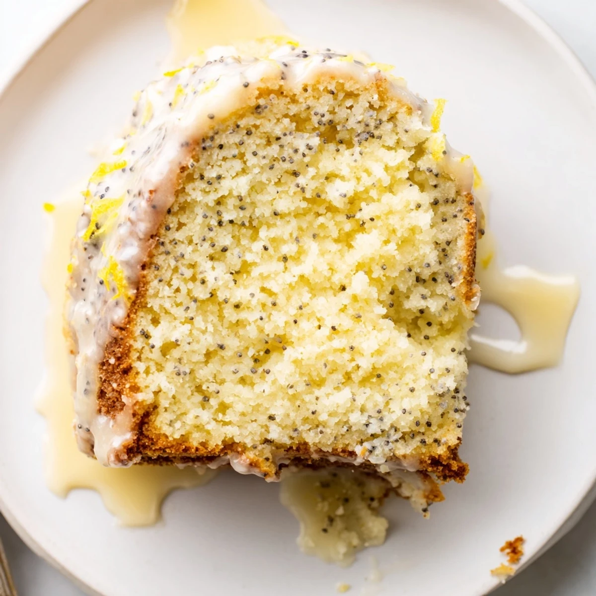 Glazed Lemon Poppy Seed Bundt Cake sliced on a marble board, showcasing its moist crumb and crunchy poppy seeds with fresh lemon zest.