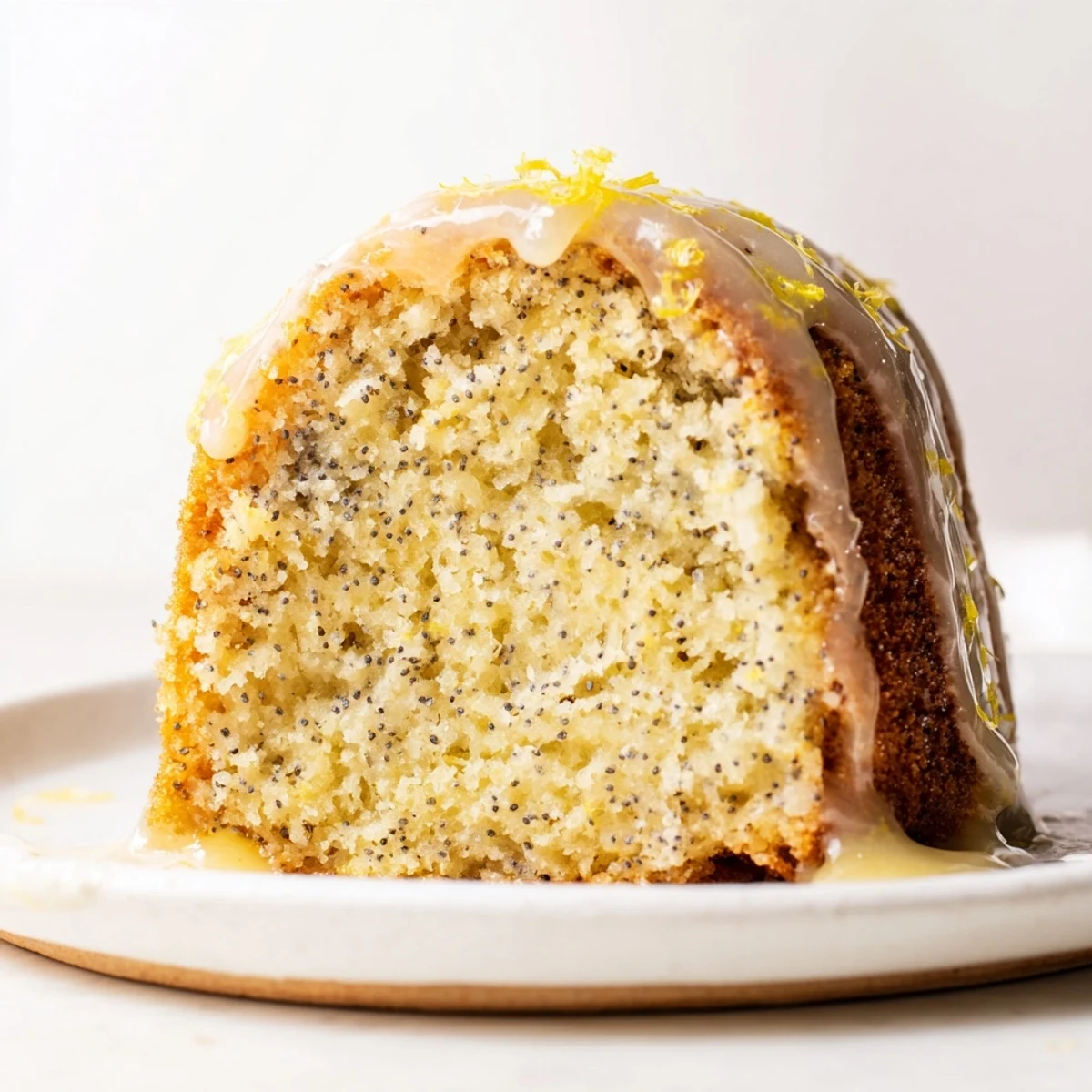 A freshly baked Lemon Poppy Seed Bundt Cake cooling on a wire rack, drizzled with tangy lemon glaze and topped with candied lemon slices.