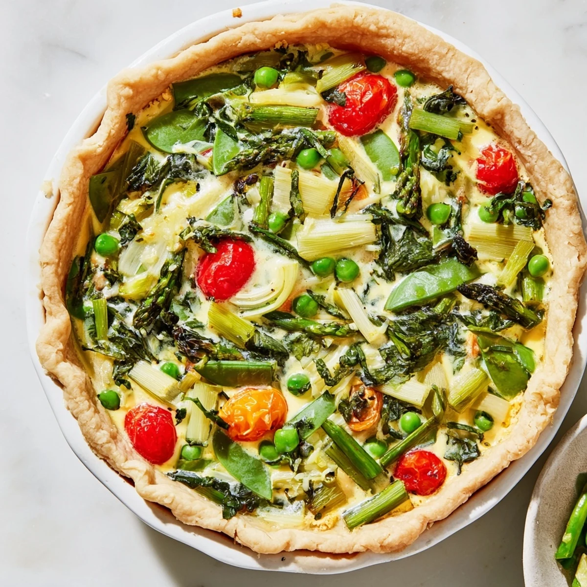 Freshly baked Spring Vegetable Quiche with Crust shows flaky golden pastry and colorful asparagus, snap peas, and leeks.