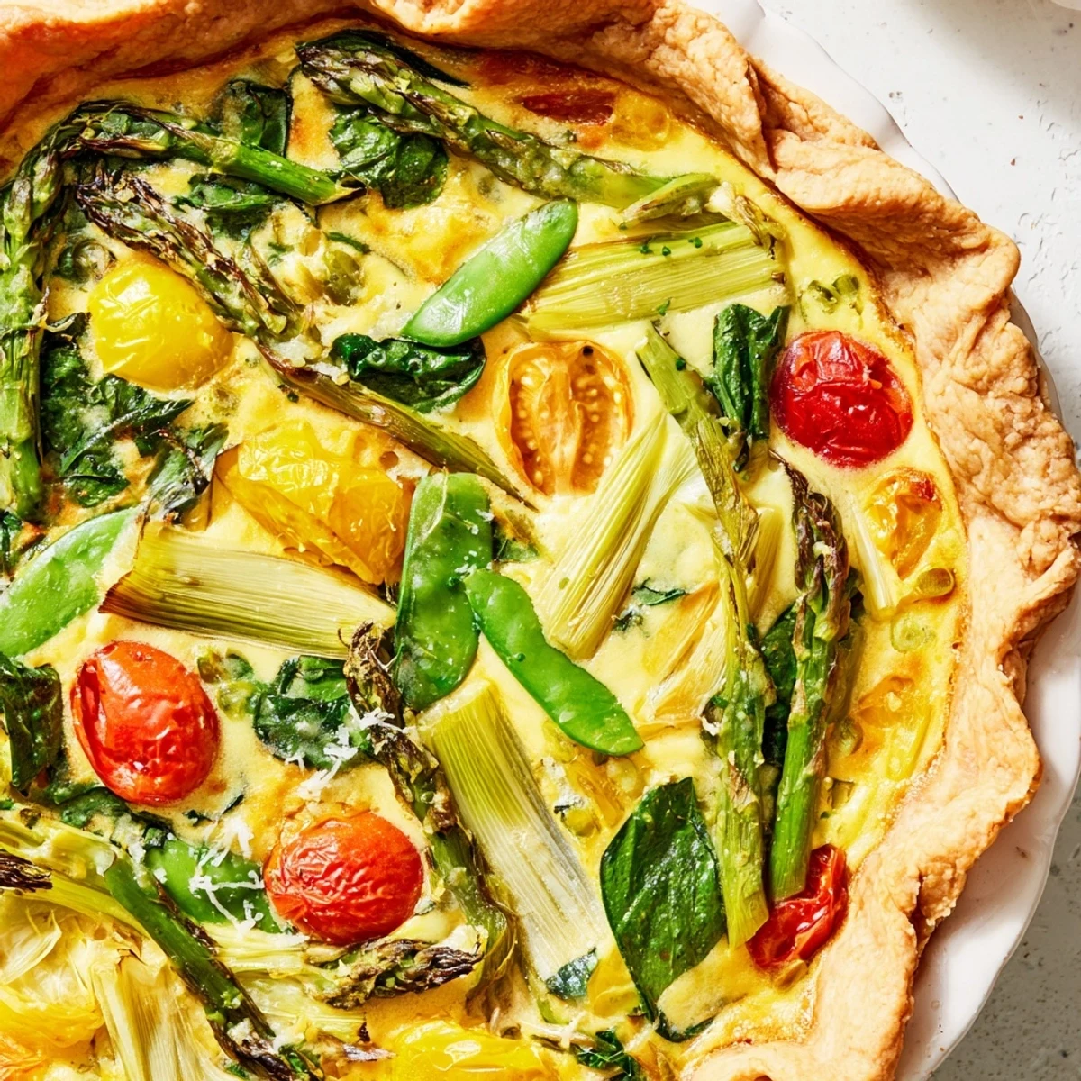 Spring Vegetable Quiche with Crust sits on a white plate with a green salad, ready for a sunny brunch.
