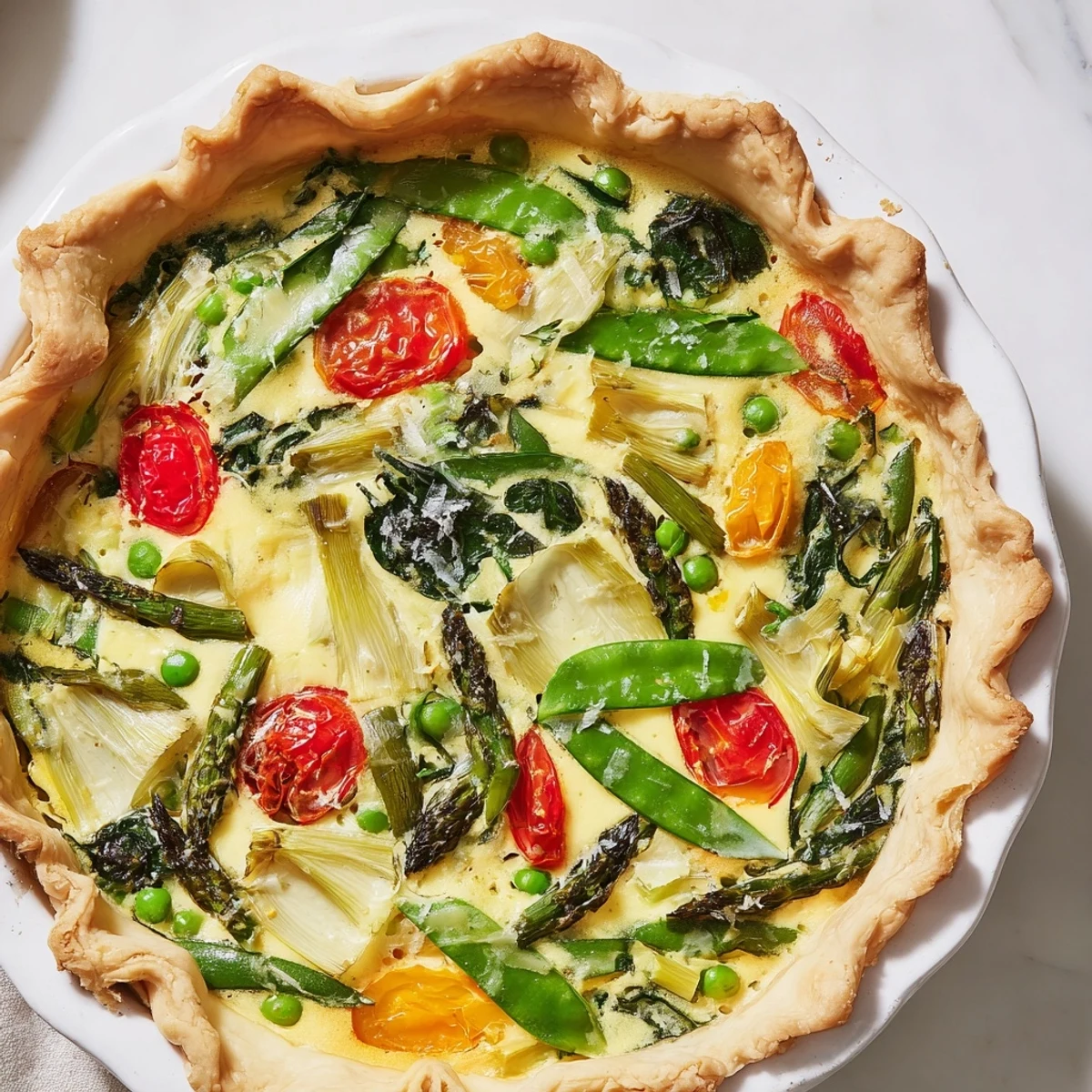Close-up of Spring Vegetable Quiche with Crust reveals creamy custard, melted Gruyère, and tender spring vegetables in every slice.