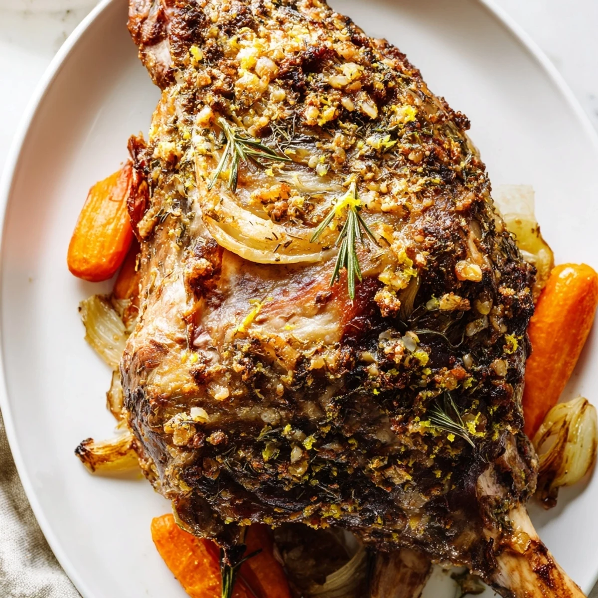 A perfectly roasted lamb leg with rosemary and garlic rests on a bed of caramelized onions and carrots, its crust golden and fragrant.