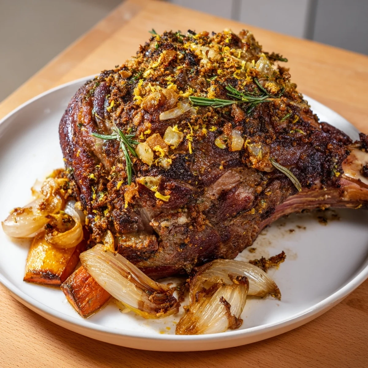 Roasted Lamb Leg with Rosemary and Garlic, sliced to show juicy pink interior, served with roasted potatoes and fresh rosemary garnish.