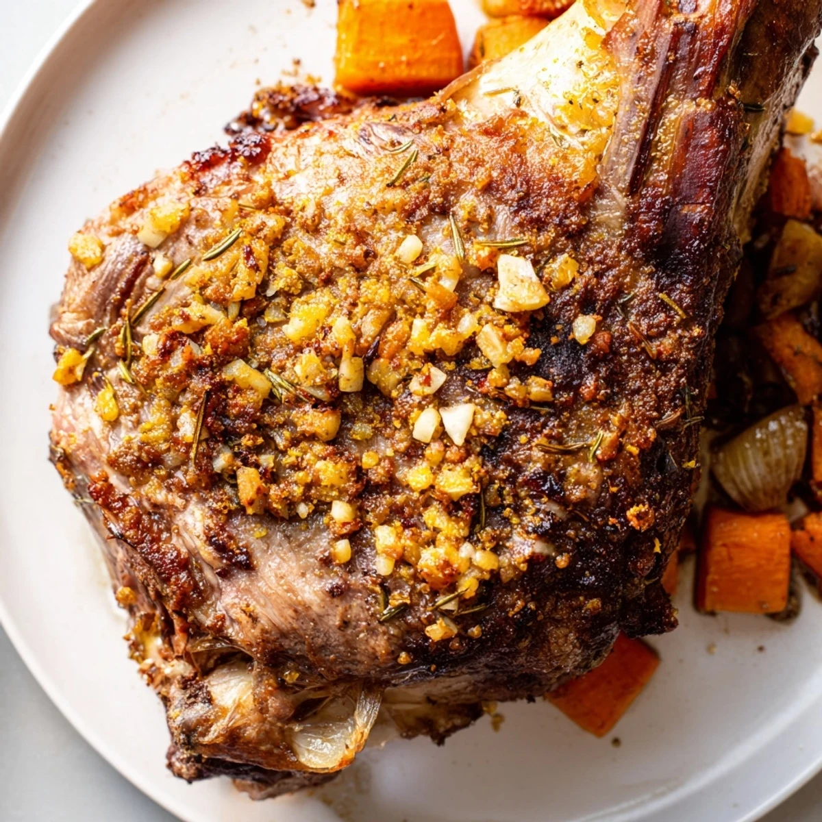 The tender Roasted Lamb Leg with Rosemary and Garlic sits beside a vibrant green salad, ready for a festive family dinner table.