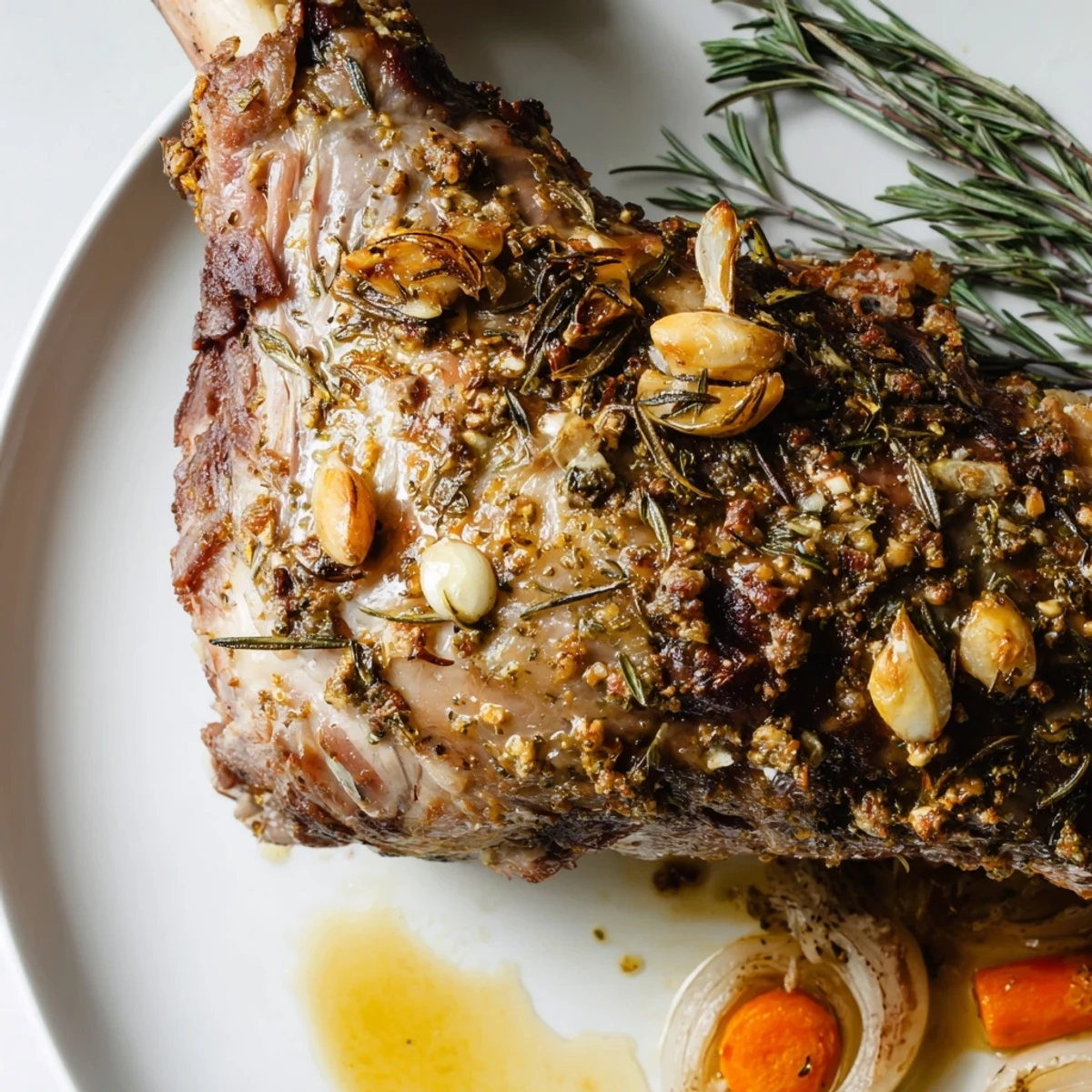 A perfectly roasted lamb leg with rosemary and garlic sits on a platter, glistening with pan juices and surrounded by caramelized vegetables for a family feast.