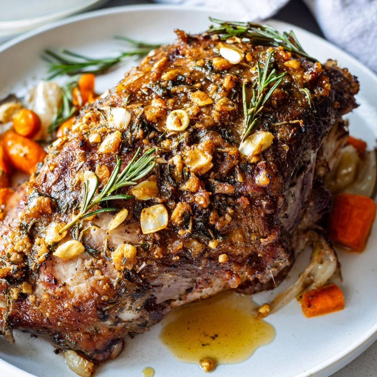 Roasted Lamb Leg with Rosemary and Garlic features tender, pink slices of meat with fragrant herbs and golden-brown edges ready for serving.