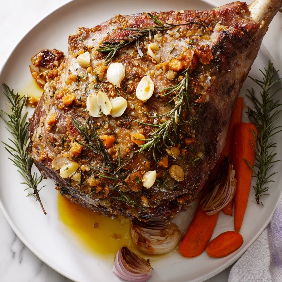 The Roasted Lamb Leg with Rosemary and Garlic rests on a cutting board, garnished with fresh rosemary sprigs and lemon wedges for a Mediterranean-inspired meal.