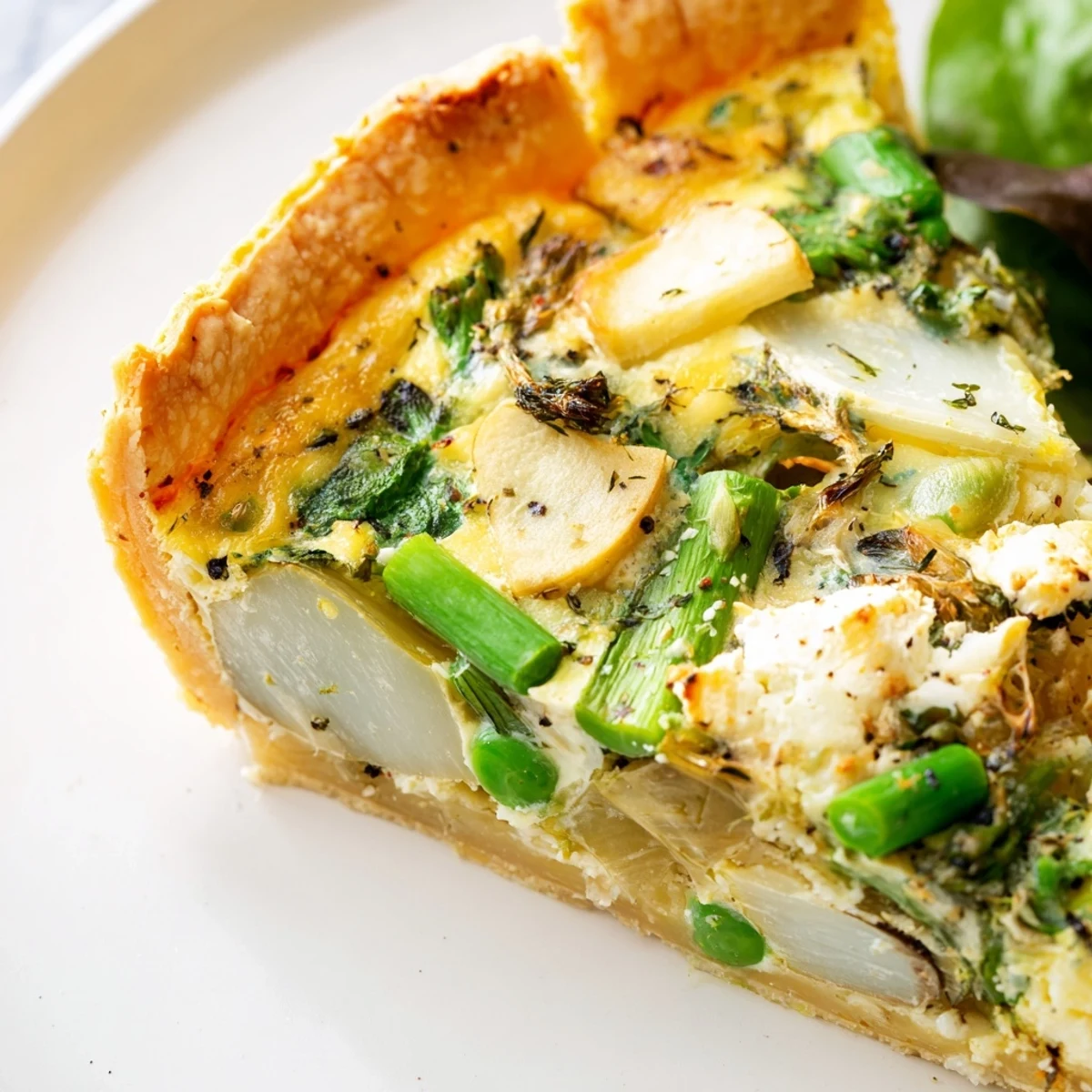 Spring Vegetable Quiche with Flaky Crust sits on a wooden table, vibrant asparagus and peas visible in a golden egg custard.