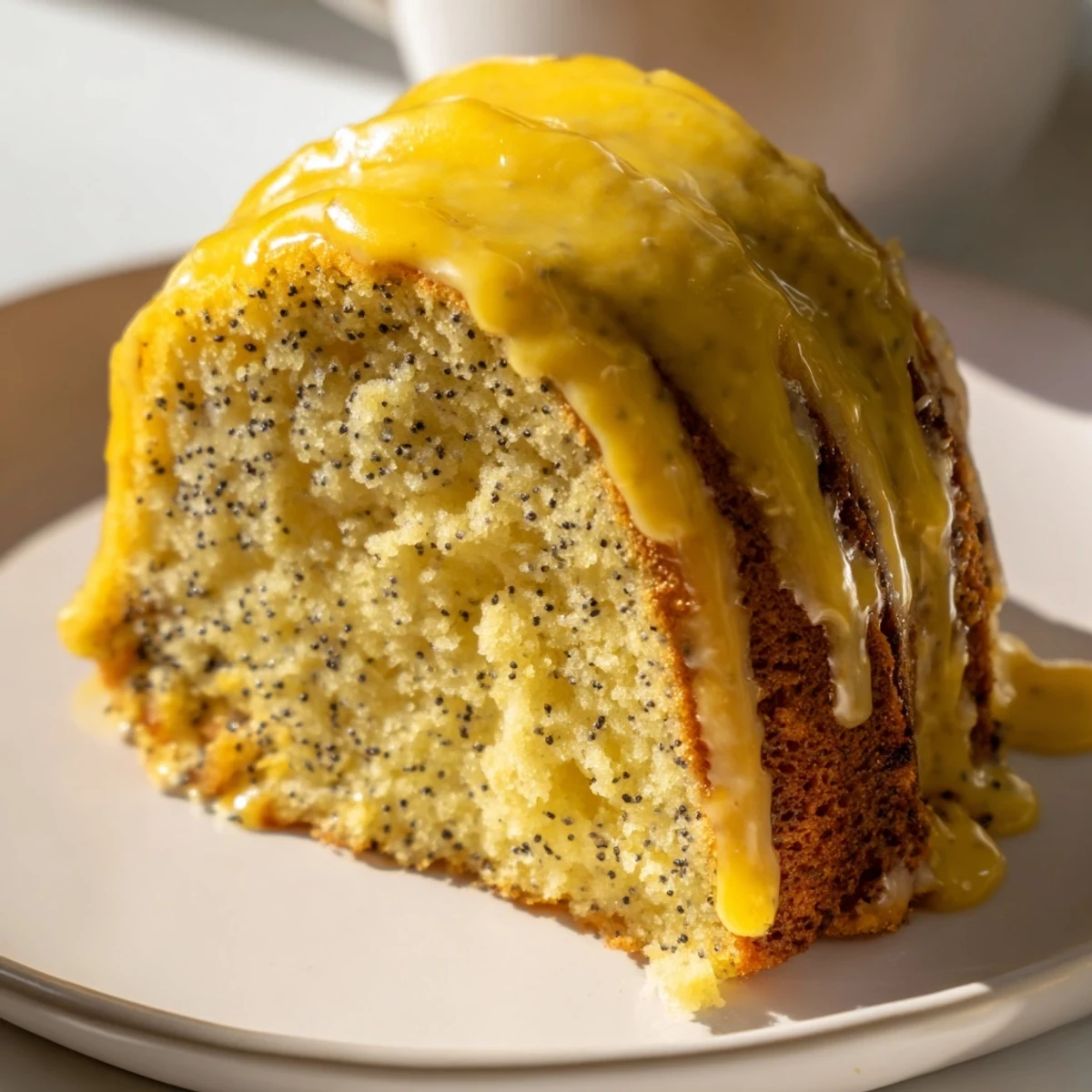Golden slices of moist Lemon Poppy Seed Bundt Cake with Icing sit on a white plate beside fresh lemon wedges.