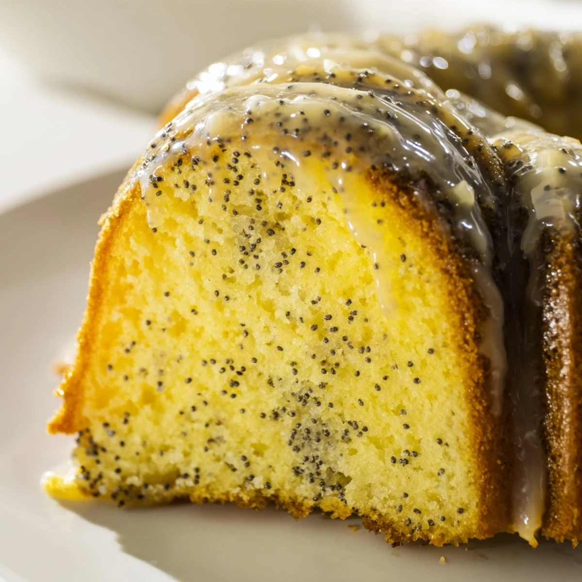 A freshly glazed Lemon Poppy Seed Bundt Cake with Icing showcases a tender crumb and sweet drizzle on a marble slab.