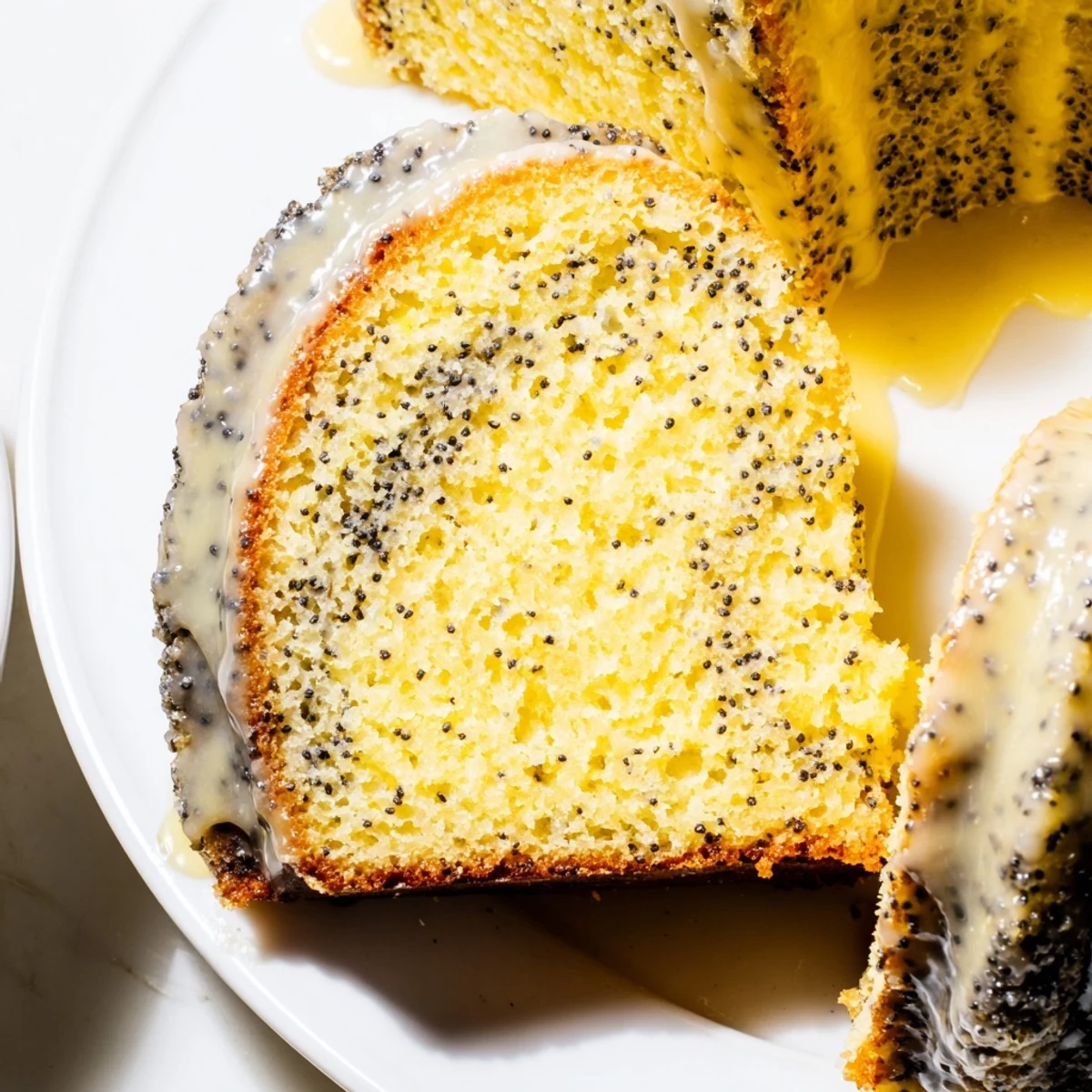 Overhead view of a whole Lemon Poppy Seed Bundt Cake with Icing next to a glass of iced tea for brunch.