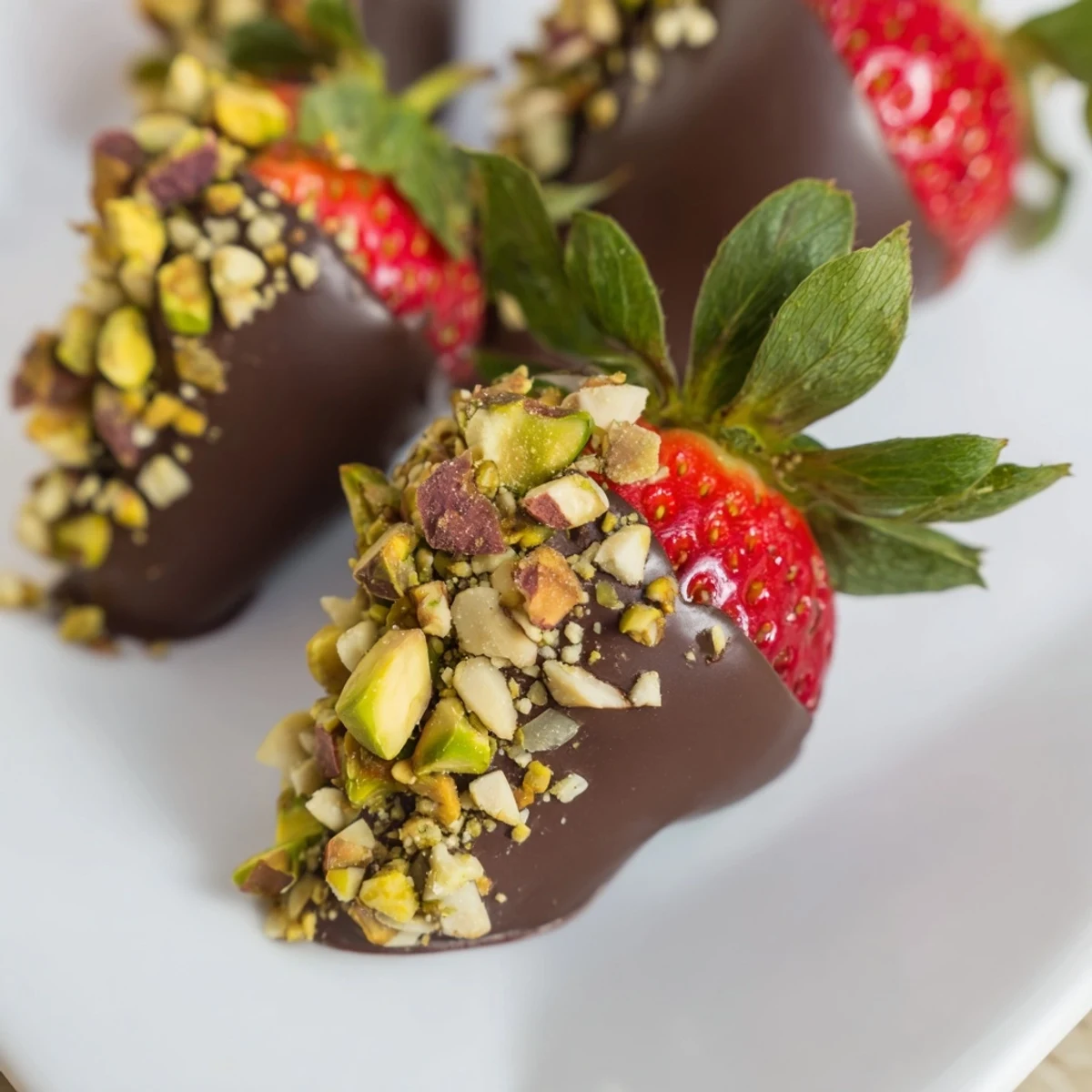 Fresh, ripe strawberries dipped in rich chocolate and rolled in crunchy chopped nuts for a decadent treat.