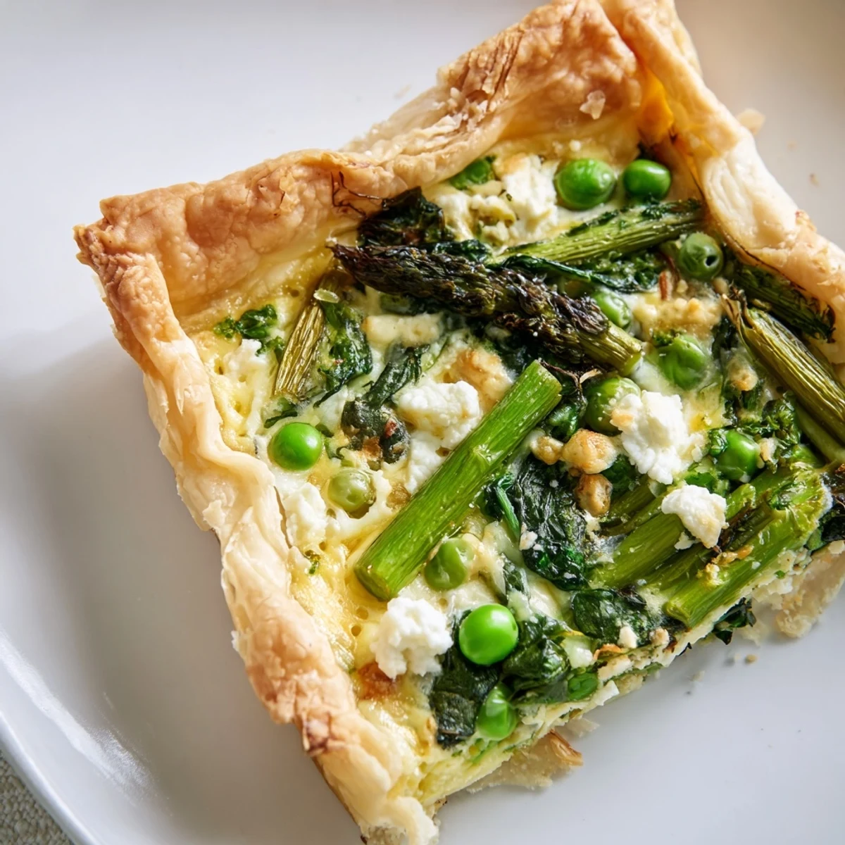 Spring Vegetable Quiche with a creamy custard filling and melted Gruyère sits on a white plate with a fresh garden salad.