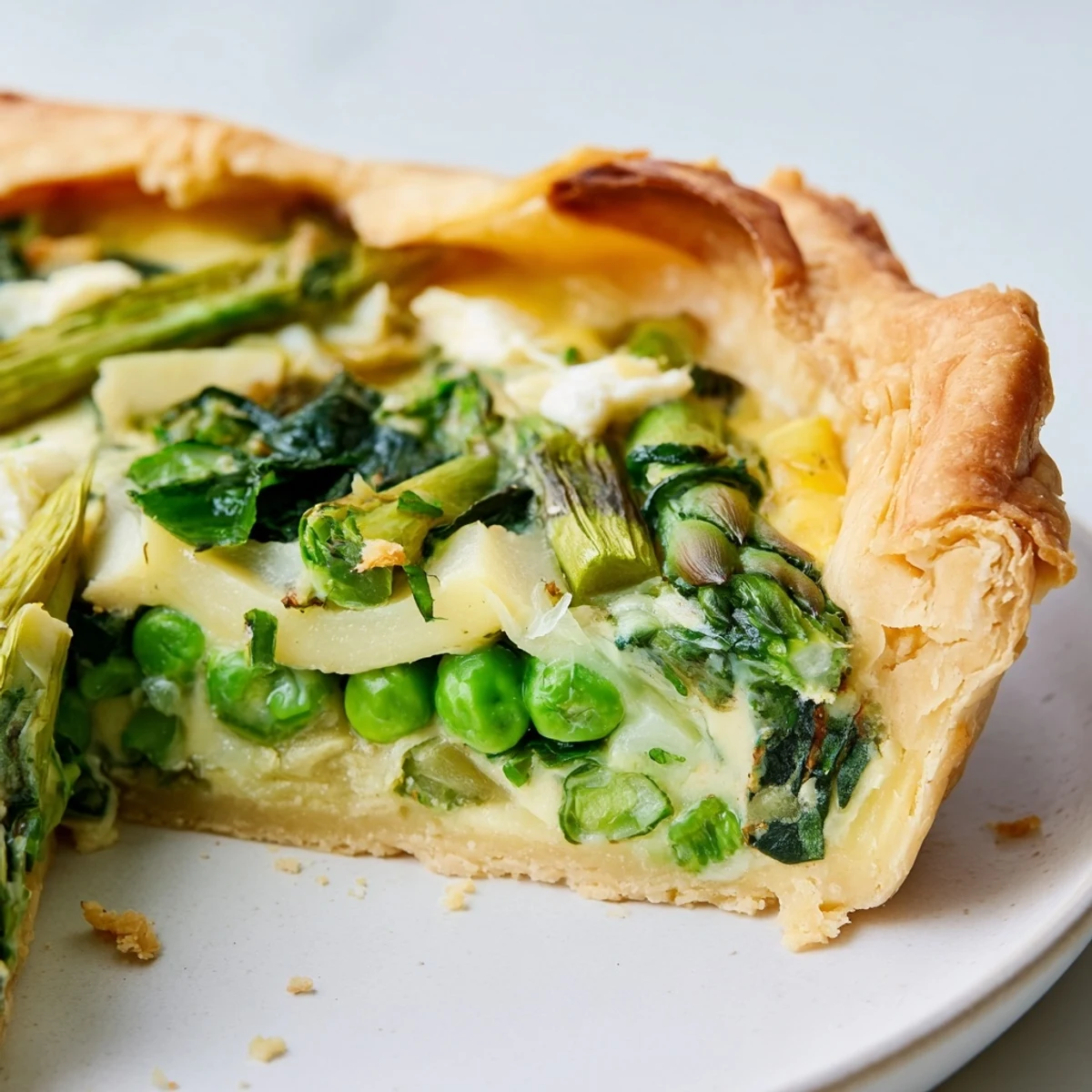 A golden flaky crust holds tender asparagus, spinach, and peas in this Spring Vegetable Quiche, ready to serve warm at brunch.