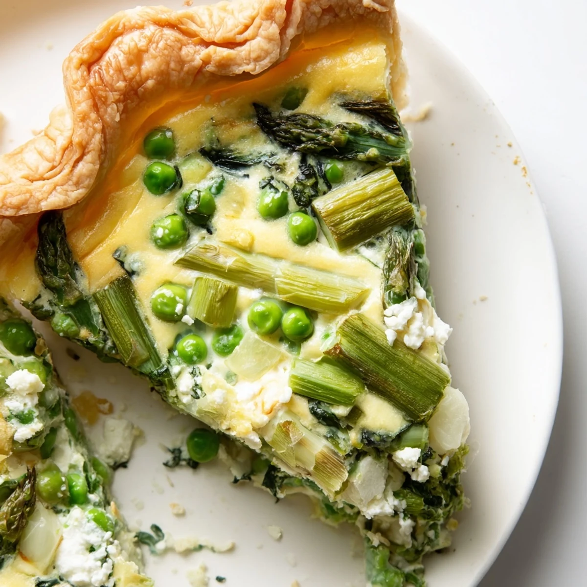 Slice of Spring Vegetable Quiche revealing layers of bright green vegetables and soft egg custard baked in a buttery pastry crust.