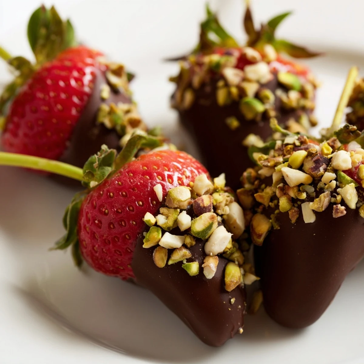 Glossy Chocolate Dipped Strawberries with Chopped Nuts arranged neatly on a parchment-lined baking sheet, ready to enjoy.