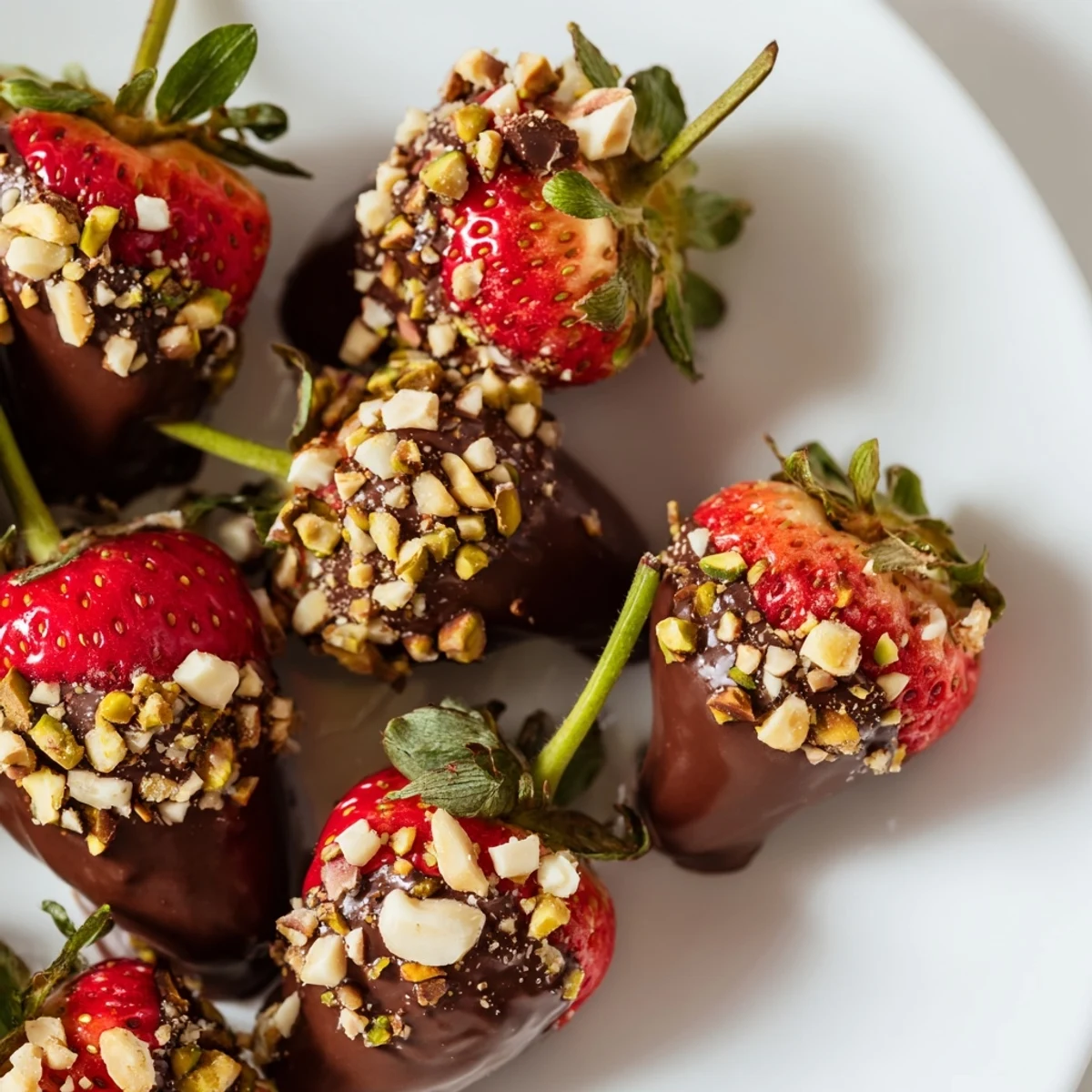 Fresh Chocolate Dipped Strawberries with Chopped Nuts served on a white plate alongside a glass of sparkling wine.