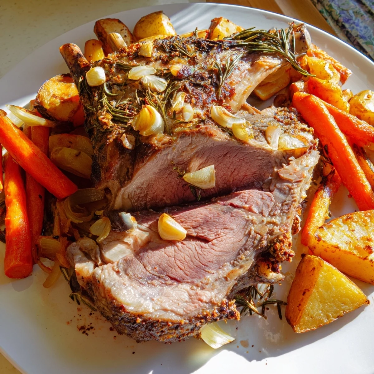A succulent Roasted Lamb Leg with Rosemary and Garlic rests beside roasted carrots and potatoes.