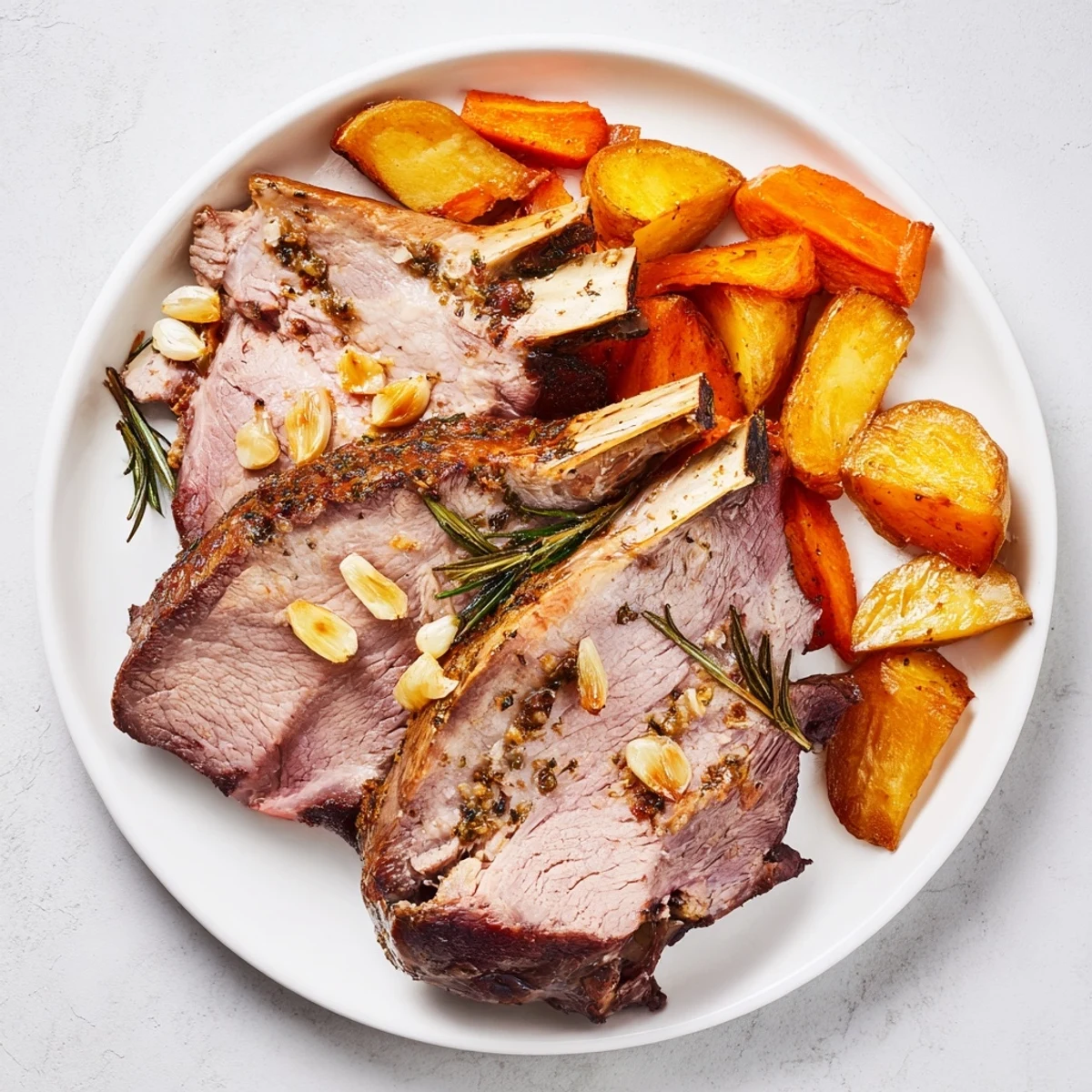 The golden-brown Roasted Lamb Leg with Rosemary and Garlic showcases fragrant herbs and juicy slices.