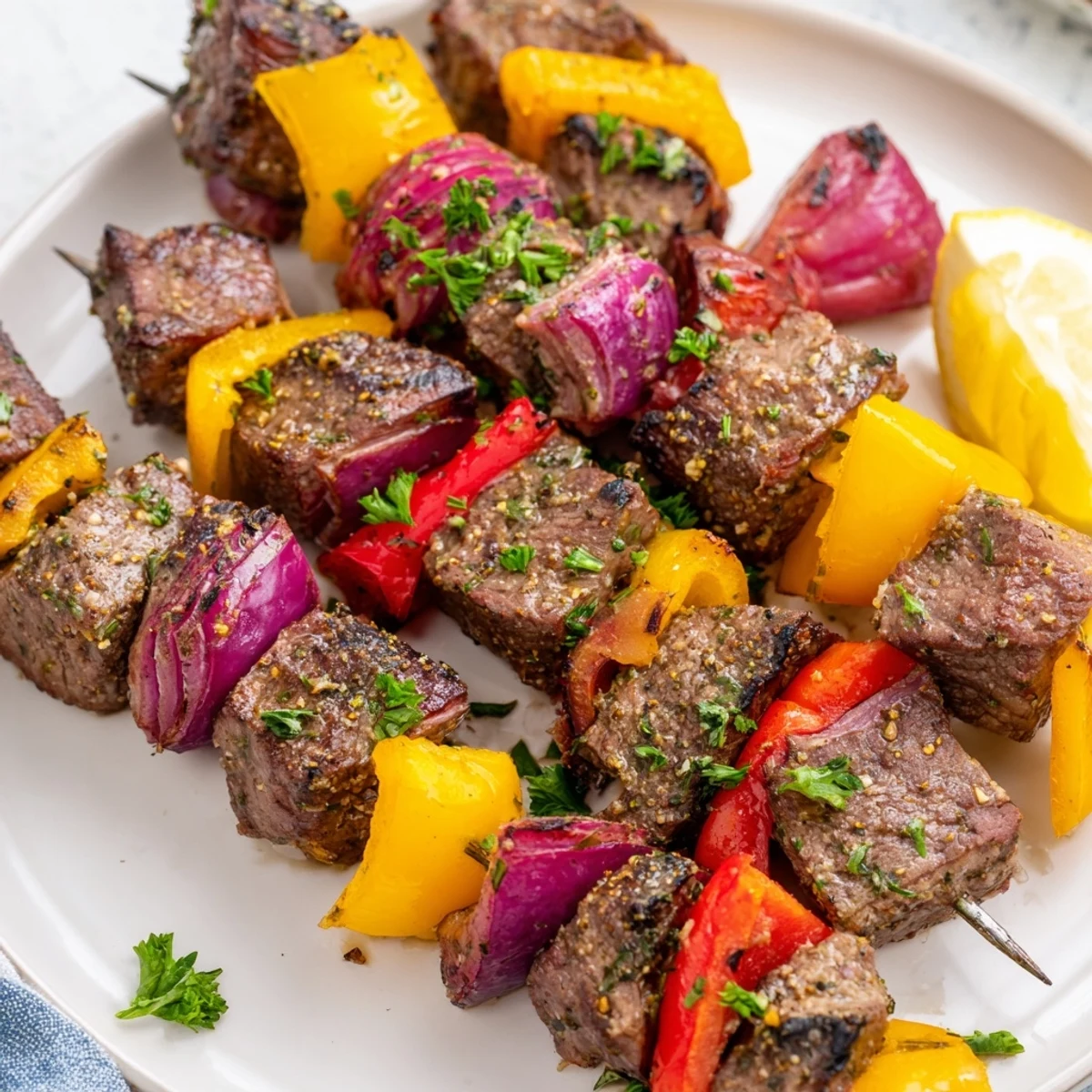 Sizzling Beef Kebabs with Bell Peppers and Red Onion plated over rice with lemon wedges and fresh parsley garnish.