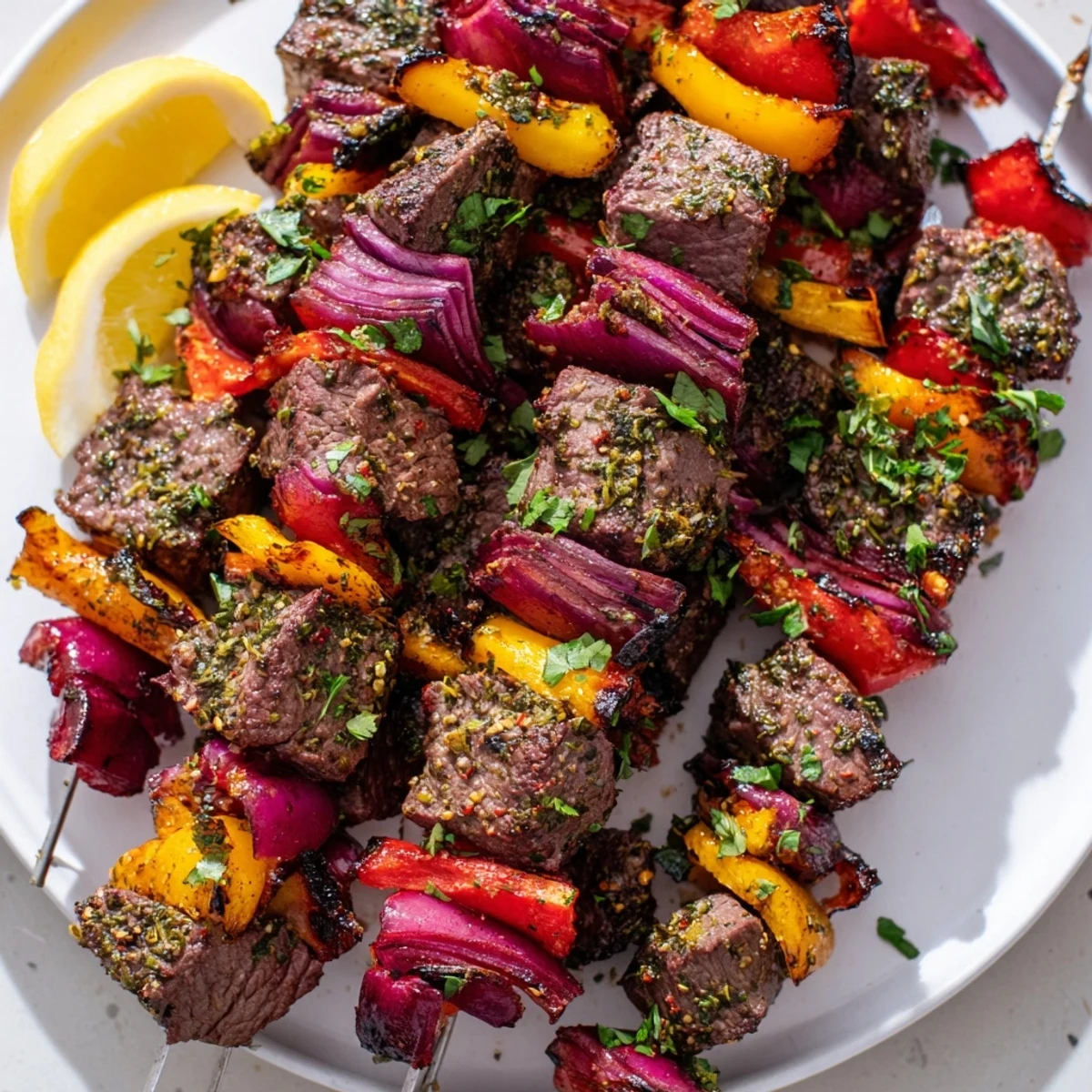 Juicy Beef Kebabs with Bell Peppers and Red Onion on skewers with marinated beef cubes and red onion chunks.