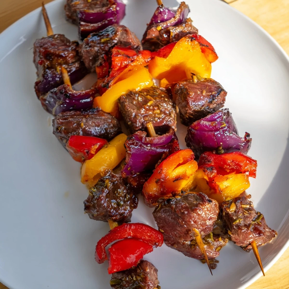 Tender marinated Beef Kebabs with Bell Peppers and Red Onion served hot alongside fresh rice and salad.