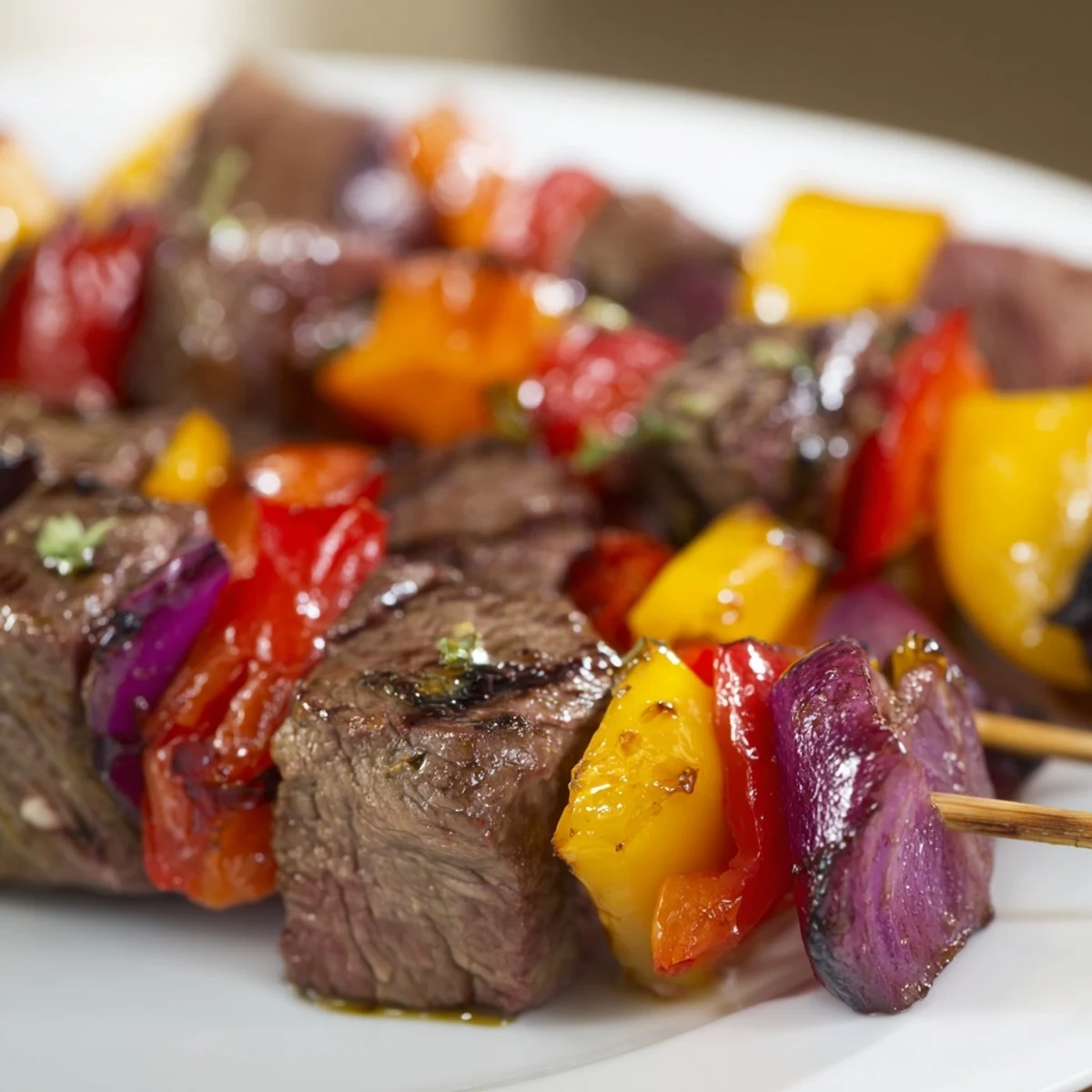 Juicy grilled Beef Kebabs with Bell Peppers and Red Onion sizzling on a platter for a summer barbecue.