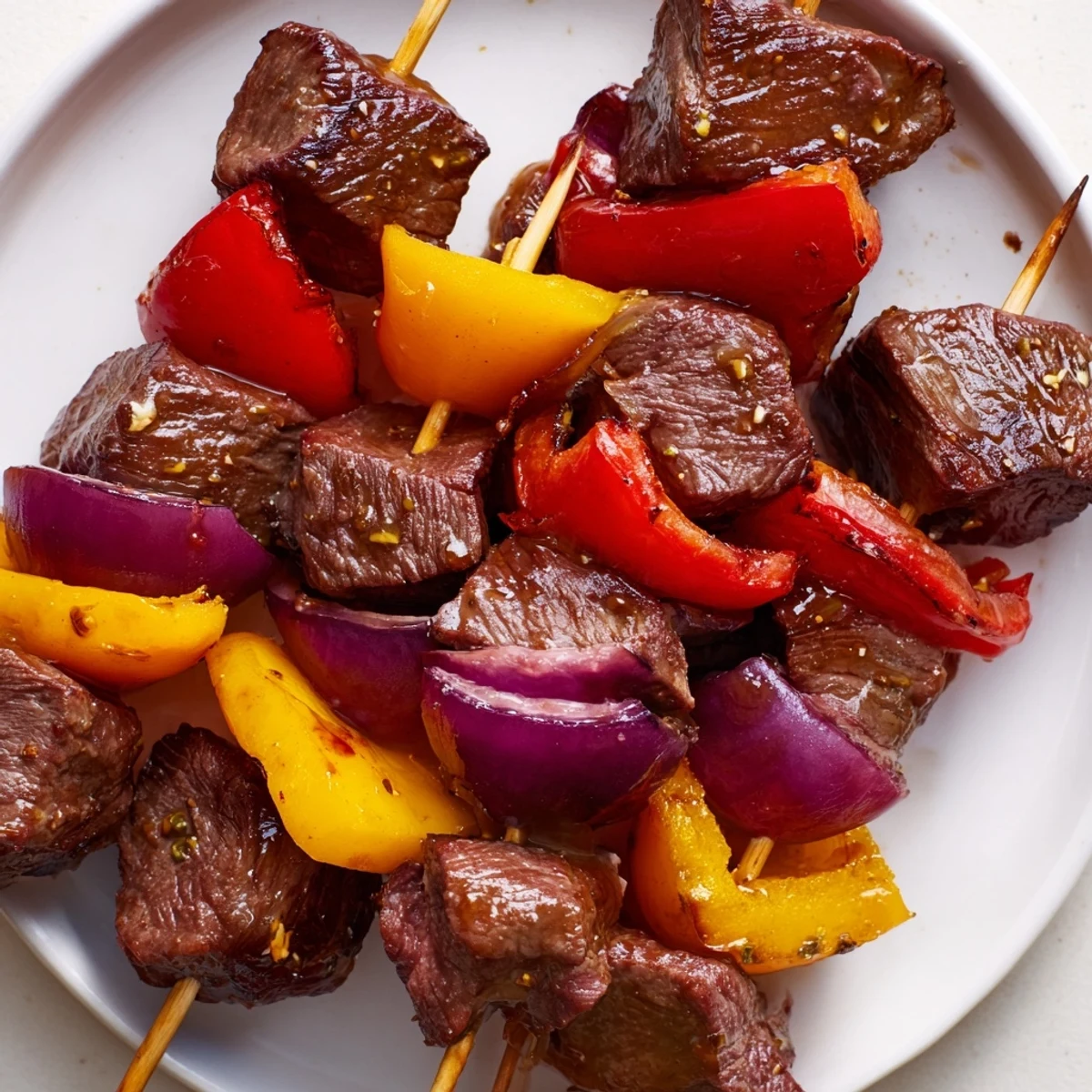 Smoky Beef Kebabs with Bell Peppers and Red Onion glistening with olive oil on a rustic wooden board.