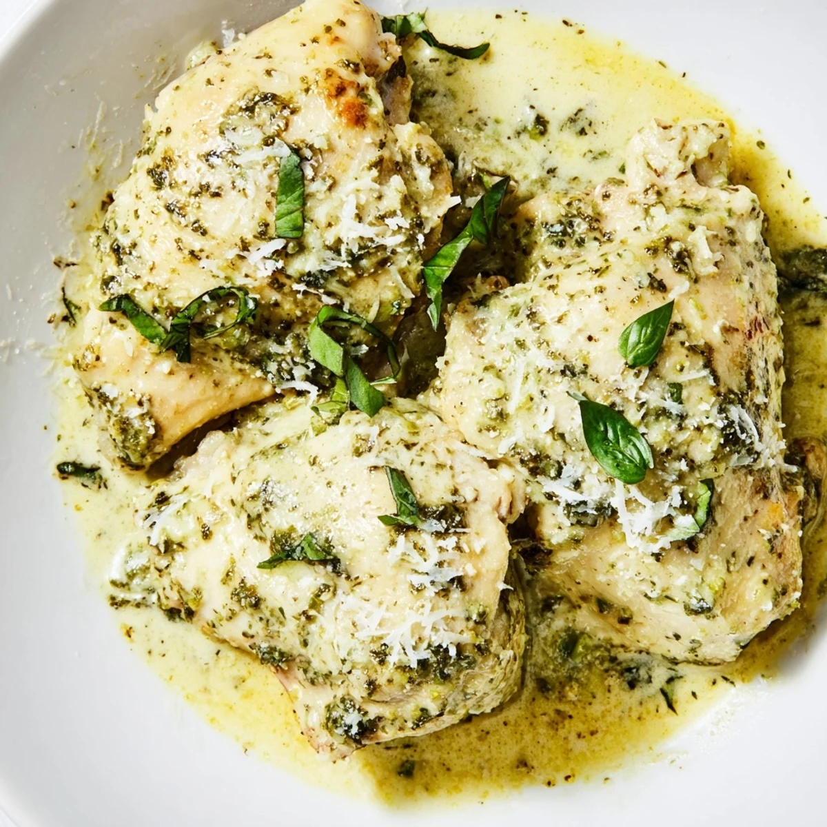 Tender boneless chicken thighs slow-cooked in a creamy pesto ranch sauce, garnished with fresh basil and Parmesan cheese.