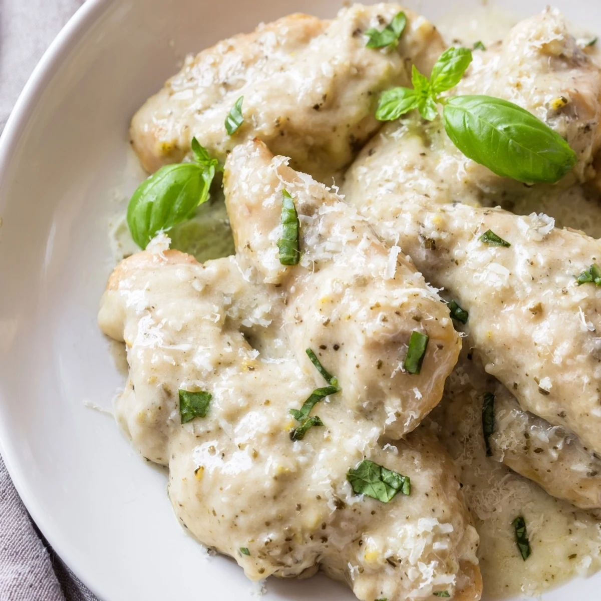 Juicy Pesto Ranch Crock Pot Chicken Thighs resting in a rich, golden sauce inside a slow cooker.