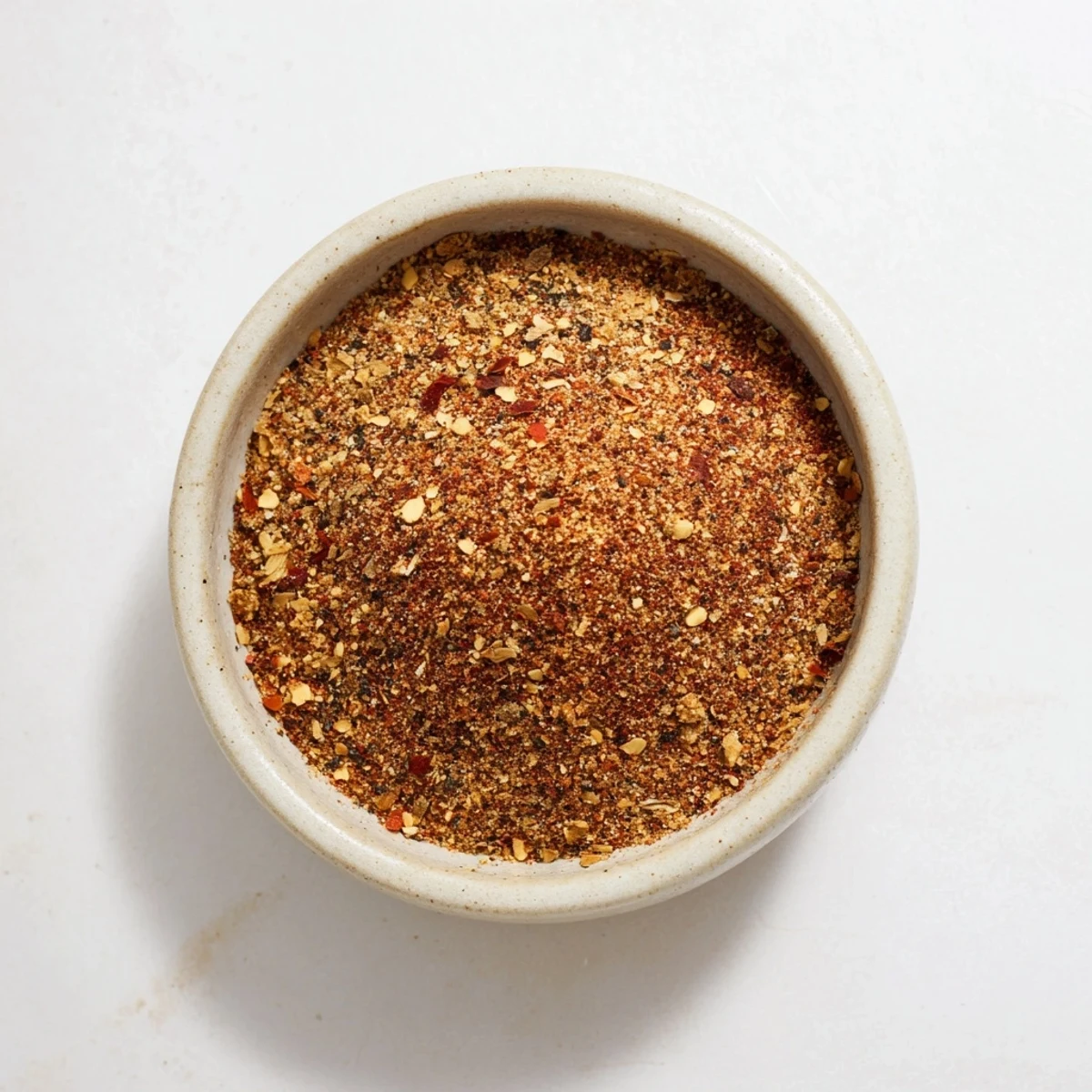 A small glass jar of Easy Homemade Taco Seasoning Mix filled with a vibrant blend of chili and cumin.