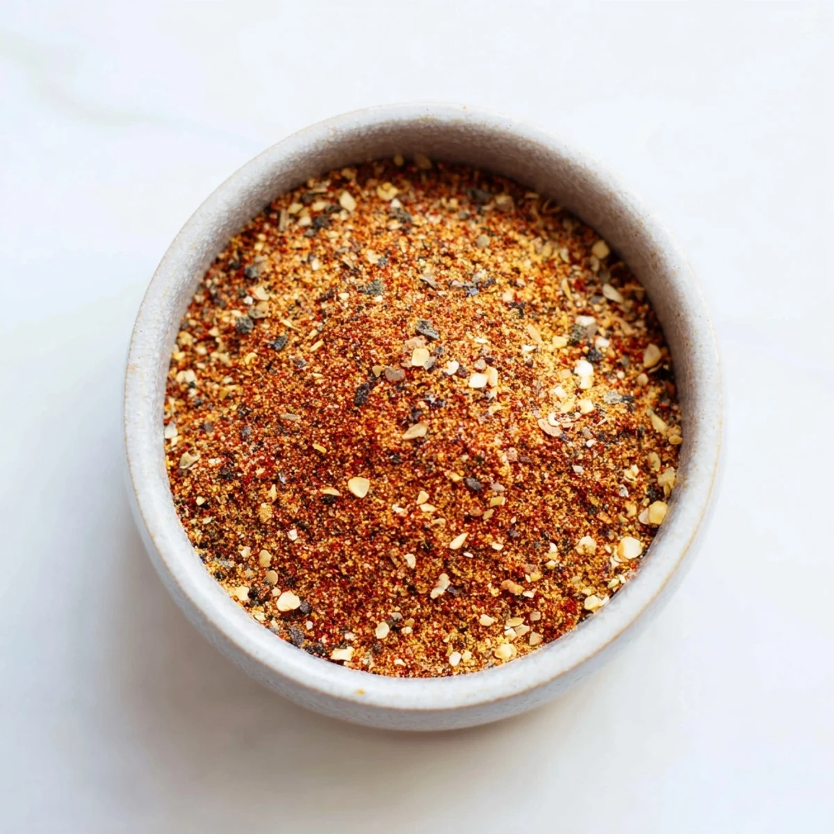 Overhead view of Easy Homemade Taco Seasoning Mix spices in a rustic bowl with a wooden spoon nearby.