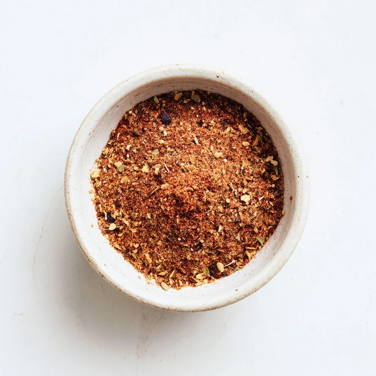 Close-up of Easy Homemade Taco Seasoning Mix scattered on a dark surface next to fresh diced tomatoes.
