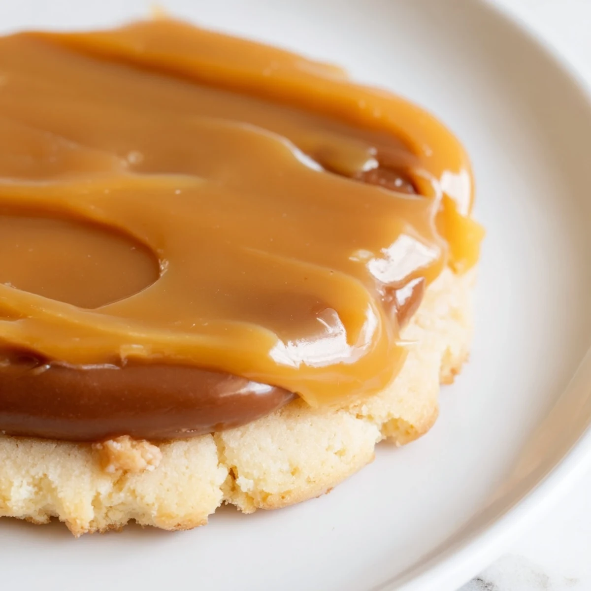 Buttery shortbread base for Twix Cookies with golden edges and creamy caramel layer.