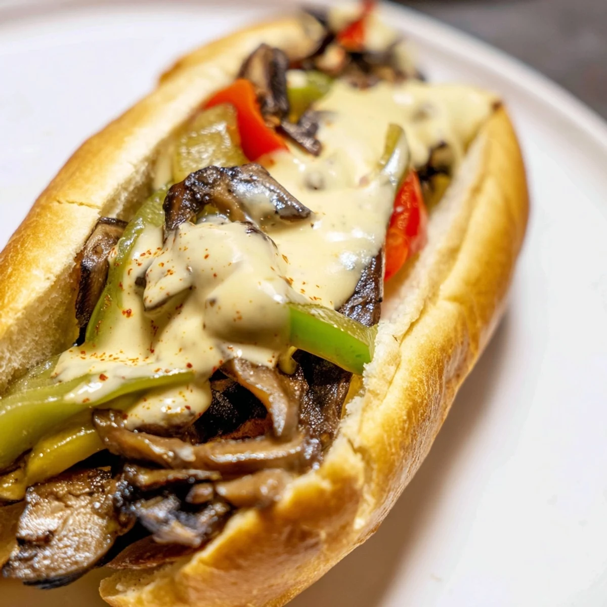 Stuffed hoagie rolls hold a warm Vegan Philly Cheesesteaks with sautéed mushrooms, peppers, and melty vegan cheese sauce.