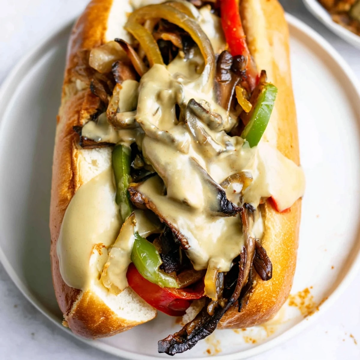 Thick portobello mushrooms and colorful peppers fill a toasted roll for a delicious Vegan Philly Cheesesteaks lunch.