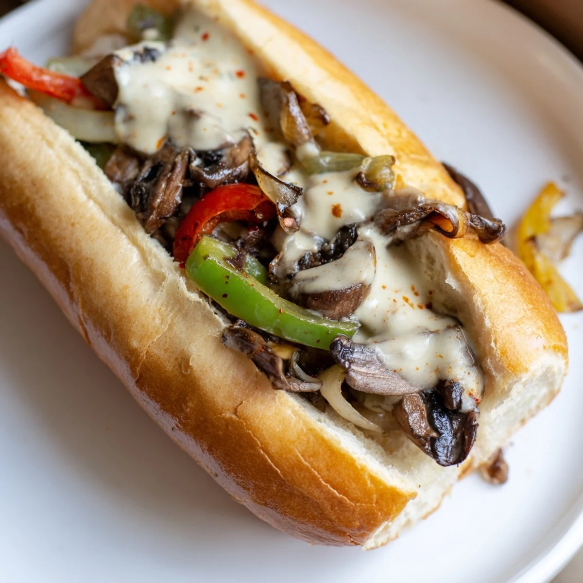 Plating a Vegan Philly Cheesesteaks with golden mushroom filling, onion aroma, and creamy dairy-free sauce for serving.