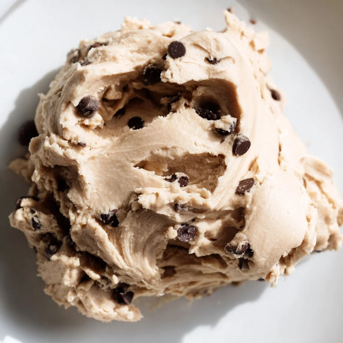 A spoonful of Edible Keto Cookie Dough shows creamy texture and sugar-free chocolate chips in a small bowl.