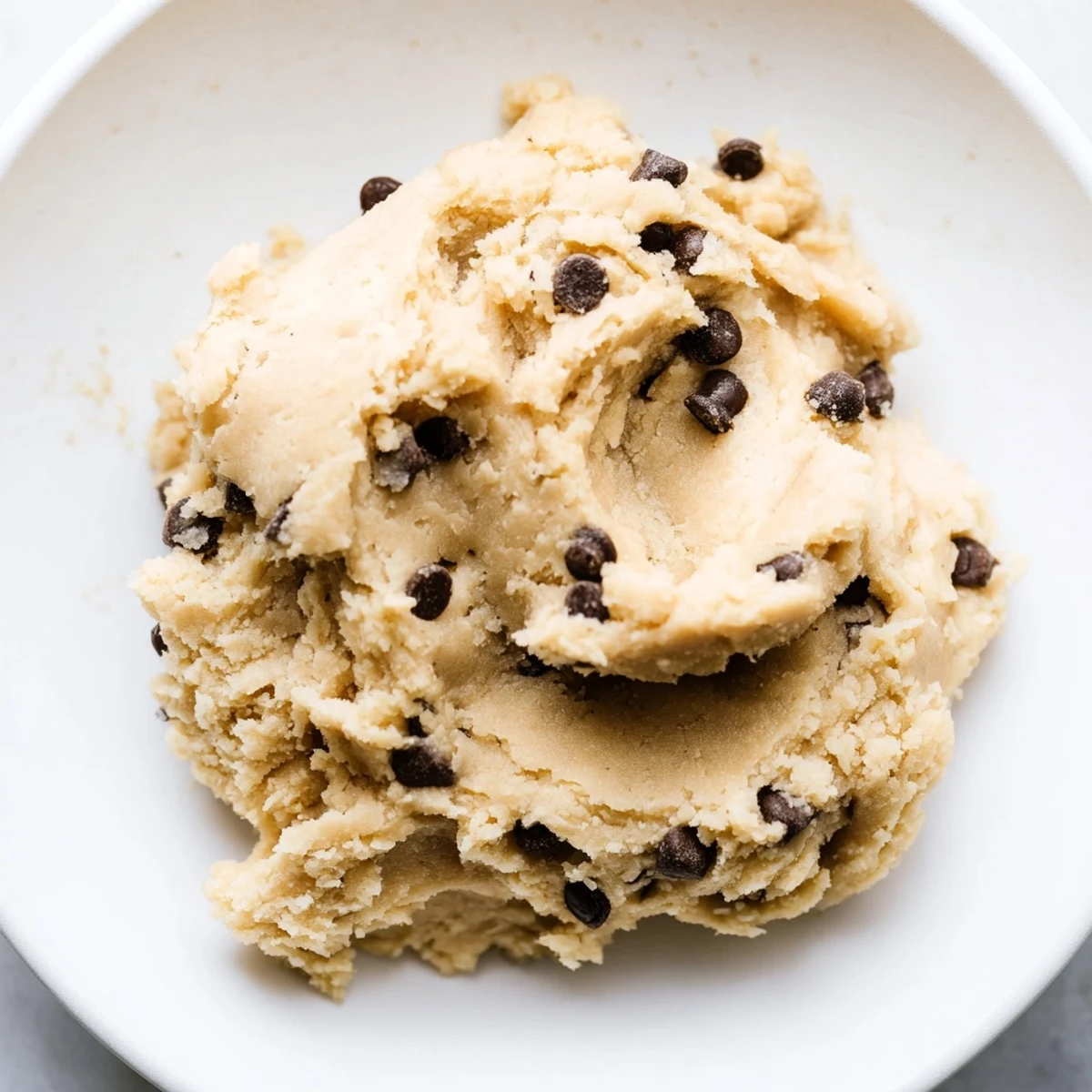 Close-up of Edible Keto Cookie Dough being scooped from a chilled bowl, showcasing its soft, low-carb consistency.
