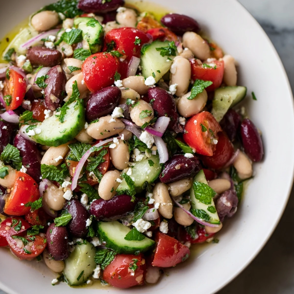 A colorful bowl of Mediterranean Dense Bean Salad features chickpeas, tomatoes, and feta with fresh herbs.