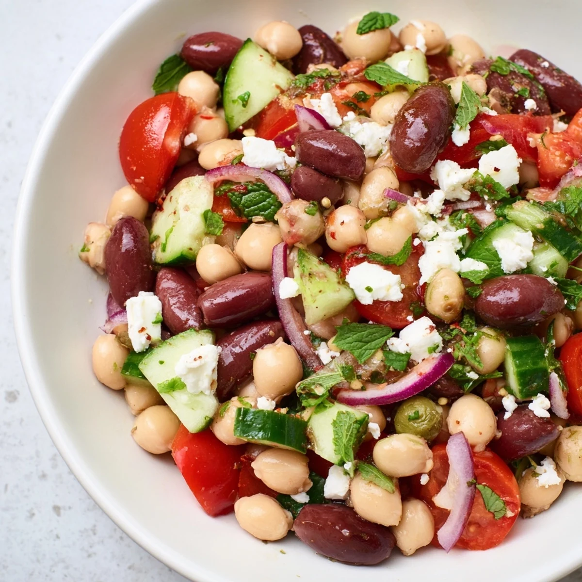 Overhead view shows Mediterranean Dense Bean Salad with kidney beans, olives, and crisp veggies in a bowl.