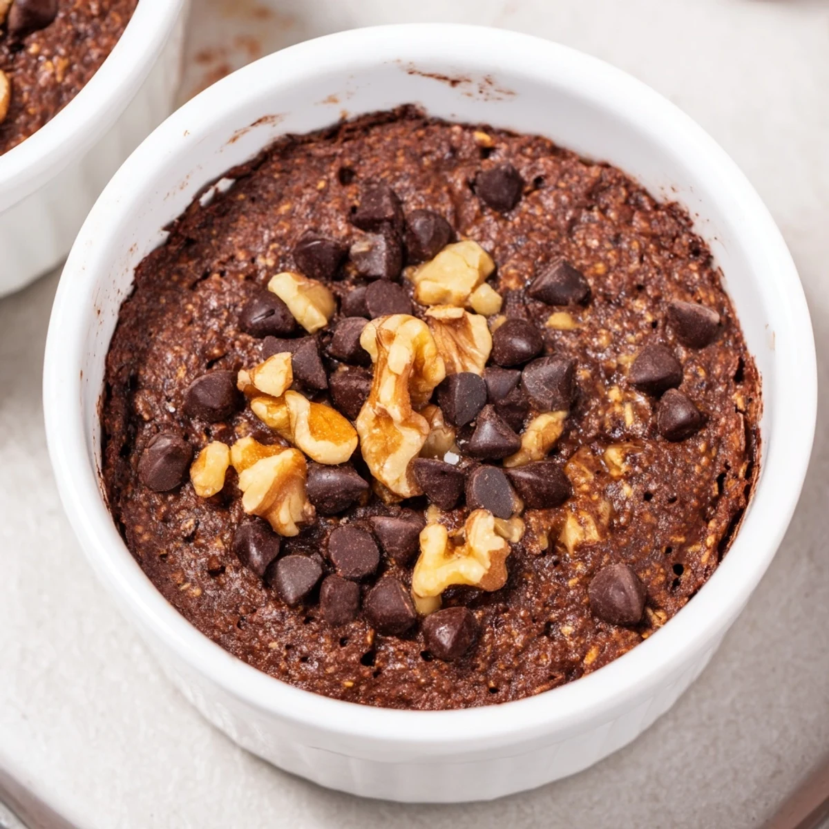 Easy Chocolate Baked Oats in a dish, garnished with sliced bananas and a glass of milk on the side.