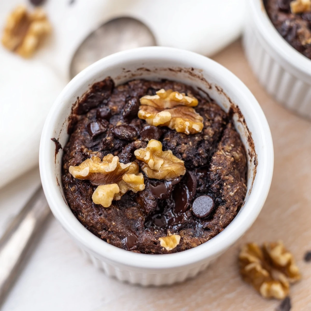Freshly baked Easy Chocolate Baked Oats served warm in ramekins with melted chocolate chips melting on top.
