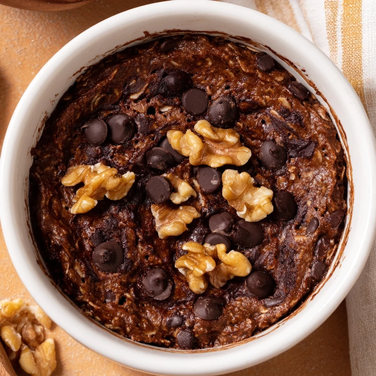 A close-up of Easy Chocolate Baked Oats showing a fudgy, moist texture with a drizzle of maple syrup.