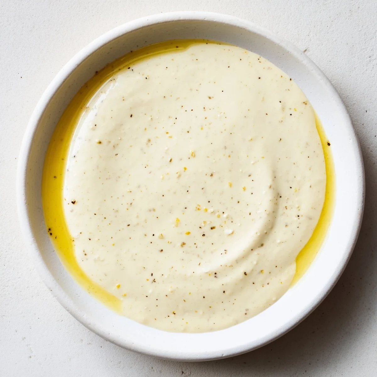 A glass jar shows golden Lemon Dijon Dressing emulsified with olive oil beside fresh lemon slices.  